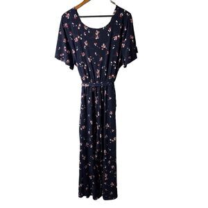 Kaileigh Jumpsuit Women's 2X Navy Blue Floral Crop With Belt Cottage Core